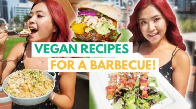 VEGAN BBQ RECIPES (grillable veggie burger, macaroni salad, tempeh skewers)